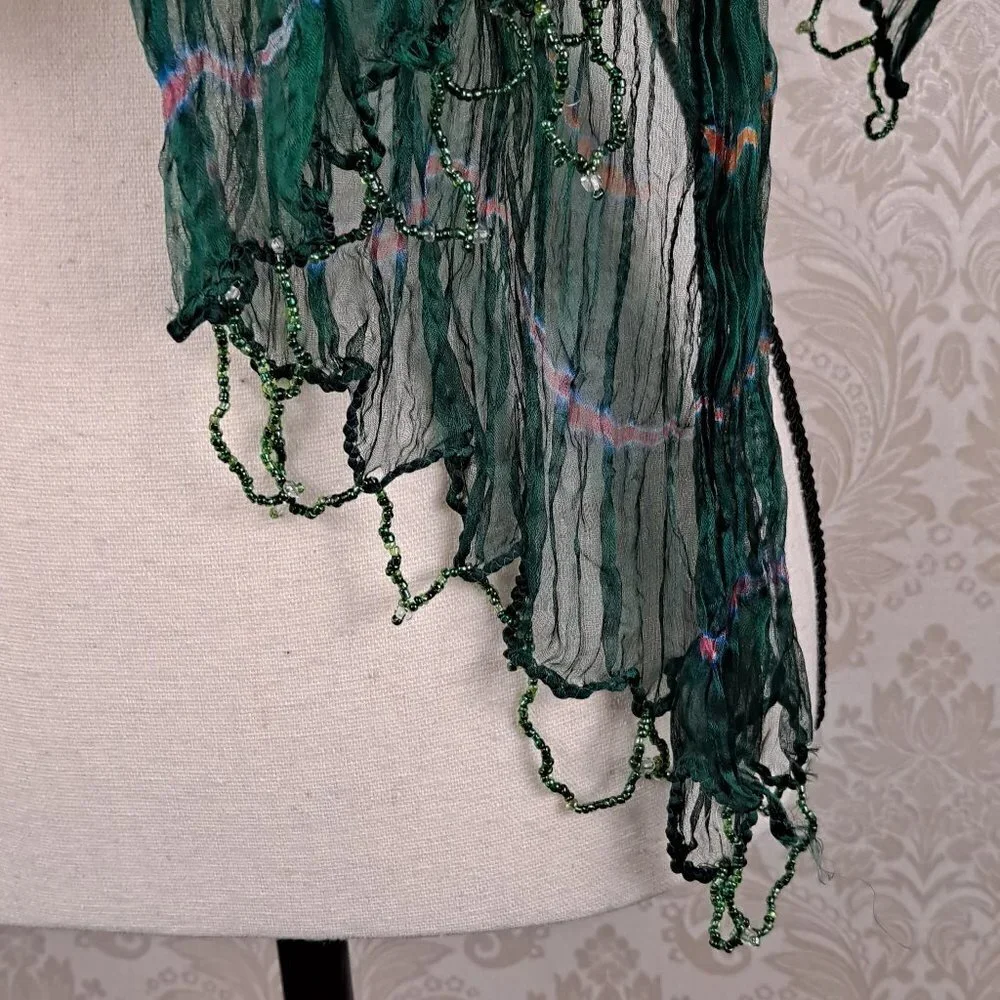 Indian Multi Color Silk Scarf Scrunched Texture Beaded Ends NWOT